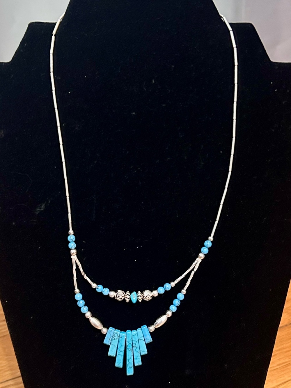 Vintage Southwestern Fringe Necklace Block Turquoise Silver Tone Metal Beads 18"